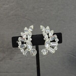 Weiss Clip On Earrings Clear Rhinestone Marquise Baguette Silver Tone Wing Spray